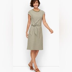 Talbots Tie Detail Knit Shift Dress in Olive Green Stripe | Size Large